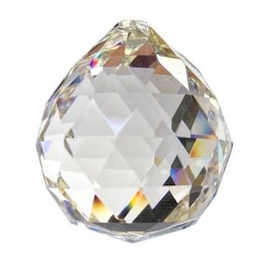 May include: A clear crystal ball with a faceted design. The ball is round and has a smooth surface. It is a decorative object that can be used for various purposes.