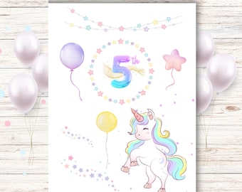 Printable Unicorn 5th Birthday Card (Digital Download)