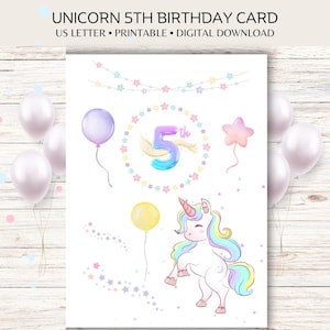 Carte 5e anniversaire licorne à imprimer/carte d'anniversaire licorne colorée/carte 5e anniversaire pour enfant.
