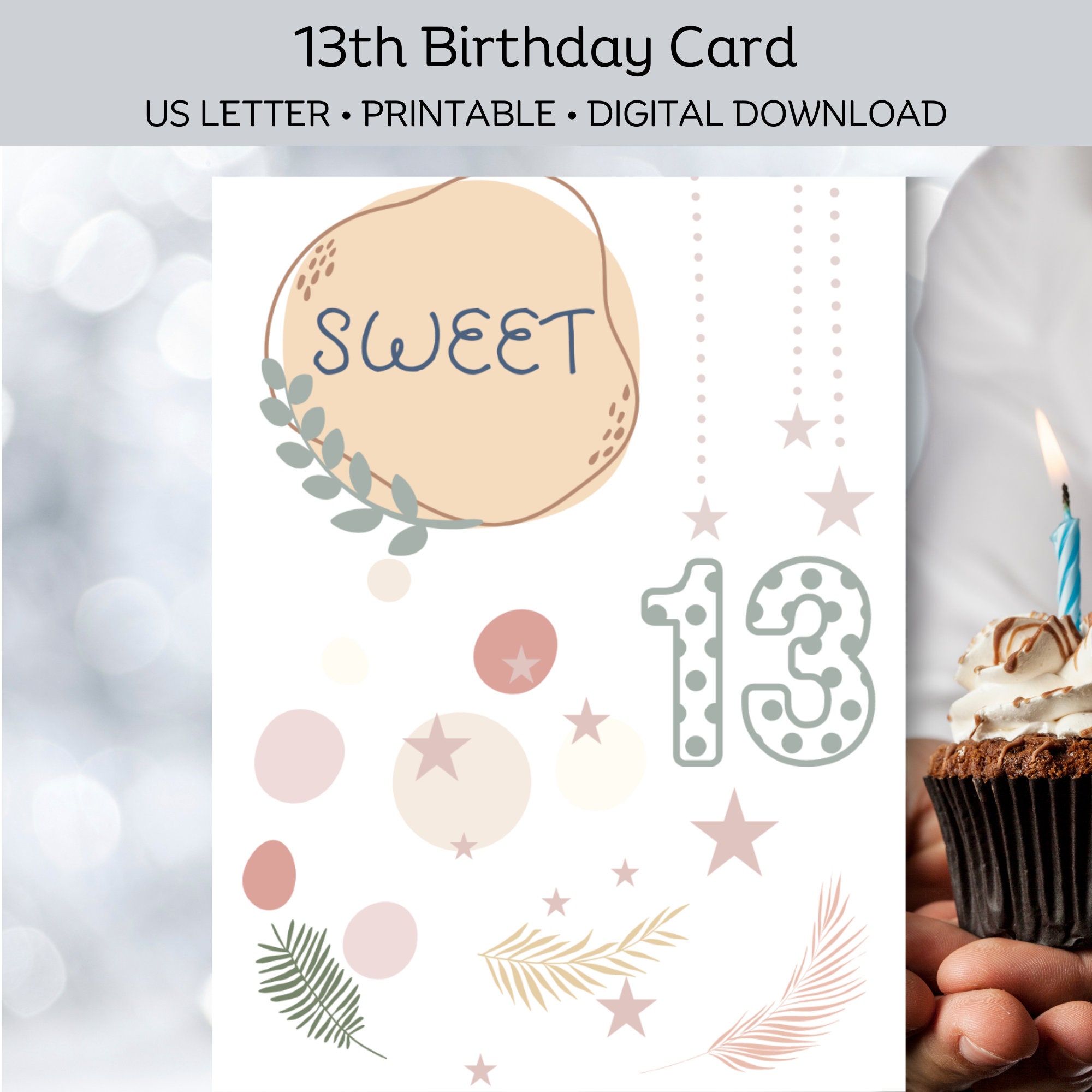 Printable 13th Birthday Card for Girl/ Boho Design 13th Birthday Card ...