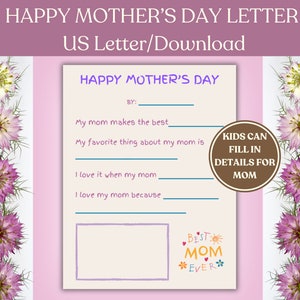 Carta imprimible para el Día de la Madre de los niños/Carta rellenable para el Día de la Madre de los niños/Mensaje para el Día de la Madre de los niños/Regalo para el Día de la Madre de los niños