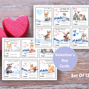 Valentinstag druckbare Karten für Kleinkinder und kleine Kinder / Klassenparty Valentinstag Karten Set / Waldfreunde Valentinstagskarten
