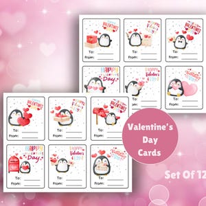 Valentine&#39;s Day Printable Cards For Toddlers and Little Kids/Class Party Valentine&#39;s Day Cards Set/Penguin Valentine&#39;s Cards For Children