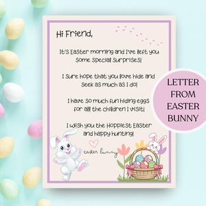May include: A letter from the Easter Bunny with a light purple border. The letter includes text, a bunny illustration, and a basket of Easter eggs. The words "Letter From Easter Bunny" are in a pink circle.