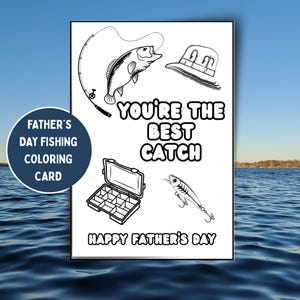 Tarjeta para colorear de pesca hecha a mano para el Día del Padre - Tarjeta para entusiastas de la pesca / Tarjeta coloreada a mano para el Día del Padre con temática de pesca para papá - Tarjeta de papá pescador