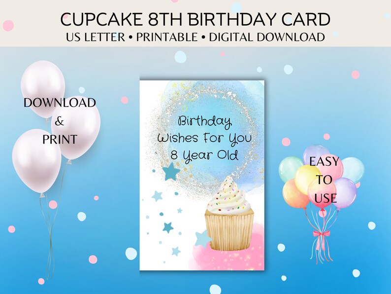 8th Birthday Cupcake Printable Card/8th Birthday Girl Card/cupcake ...