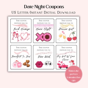 Printable set of 6 Date Night Coupons/ 6 Date Night coupons/Anniversary date night coupons/Couples Date Night coupons