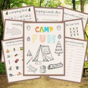 Pacote de atividades de acampamento para impressão/Conjunto de atividades de acampamento para crianças/Caça ao tesouro de acampamento/Colorir e jogos de acampamento/Jogos de acampamento para crianças