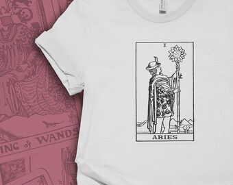 Aries Page of Wands Astrology Tarot Illustration T-Shirt Aries Birthday Gift Tee Zodiac Sign Tshirt