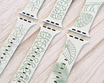 White to Green Two-Tone Engraved Apple Watch Compatible Band - Tropical Medley, Puakenikeni, Plumeria Designs