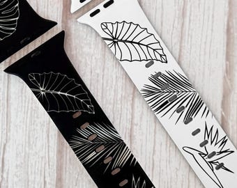 Tropical Engraved Two-Tone Apple Watch Compatible Band– Monstera, Floral, Fern & Palm