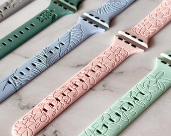 Floral Engraved Apple Watch Compatible Band  - Hawaiian & Tropical Designs, Plumeria, Puakenikeni, Monstera