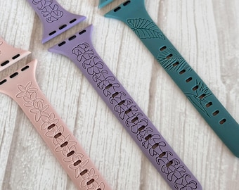 Slim Engraved Floral Apple Watch Compatible Band - Hawaiian & Tropical Designs, Plumeria, Puakenikeni, Monstera