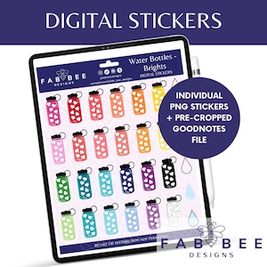 May include: A digital sticker sheet featuring 25 colourful water bottle illustrations with white hearts. The sheet also includes two water drop illustrations. The text "Water Bottles - Brights" and "Digital Stickers" is at the top of the sheet. The text "Individual PNG Stickers + Pre-Cropped Goodnotes File" is on the right side of the sheet. The text "RESALE OR DISTRIBUTION NOT PERMITTED" is at the bottom of the sheet.