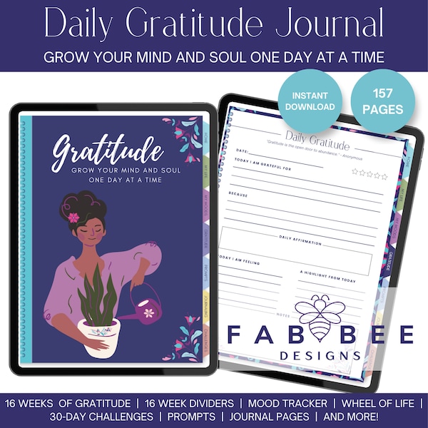 Digital Gratitude Journal, Grow Your Mind and Soul  |  Wellness & Mindfulness Daily Journal, Undated, hyperlinked - GoodNotes, IPad, Android