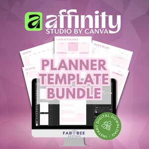 May include: A digital planner template bundle in pink and white. The image shows a computer screen displaying the templates, alongside printed pages. The text includes "Planner Template Bundle" and "Instant Digital Download."