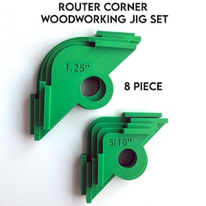 May include: An 8-piece set of green router corner woodworking jigs. The jigs are made of plastic and have different sizes, including 1.25 inches and 5/16 inches.