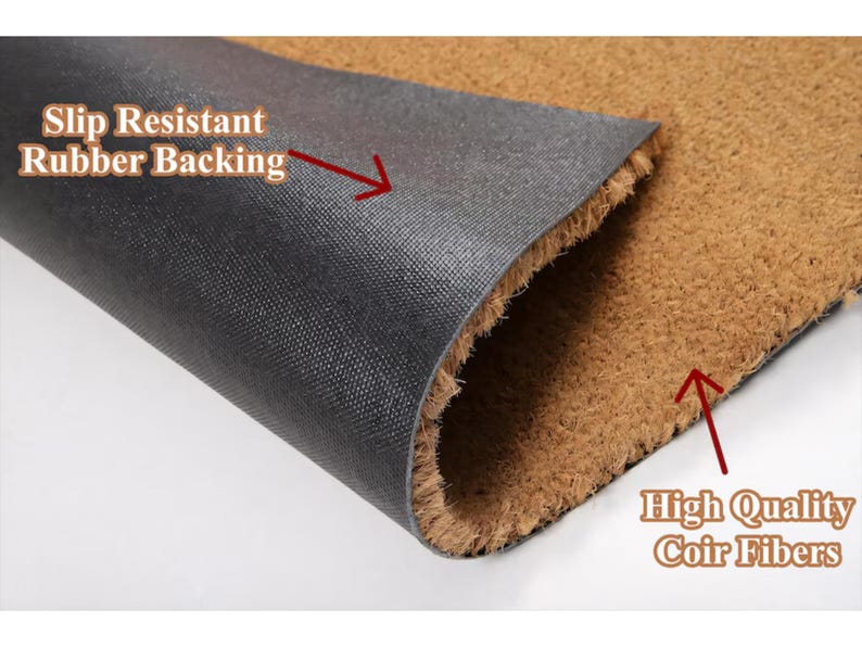 May include: A close-up of a doormat with a brown coir fiber surface and a black slip-resistant rubber backing. Text on the image reads "Slip Resistant Rubber Backing" and "High Quality Coir Fibers."