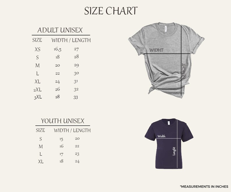 Puede incluir: Tabla de tallas para camisetas unisex para adultos y j&oacute;venes. Las medidas est&aacute;n en pulgadas. Las tallas de adulto van de XS a 3XL, con anchos de 41,9 a 71,1 cm y largos de 68,6 a 83,8 cm. Las tallas de j&oacute;venes van de S a XL.