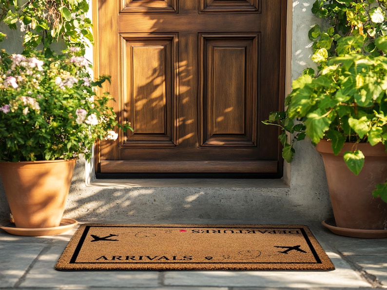 May include: A rectangular doormat with the words "ARRIVALS" and "DEPARTURES" in black text. The mat is brown with a black border and features airplane graphics. The mat is placed in front of a wooden door, with potted plants on either side.