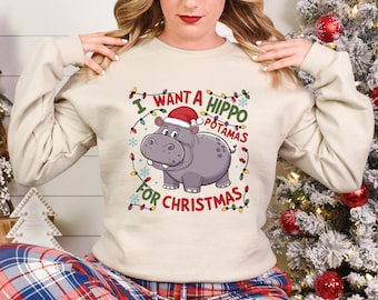 Christmas TShirt, Hippo Lover Shirt, Cute Christmas Tee, Vintage Hippopotamus Xmas Sweatshirt, Holiday Gift for Animal Fans, Soft Cotton Top