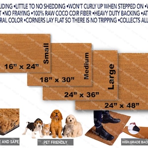 May include: Brown coir fiber doormats in various sizes: 16" x 24", 18" x 30", 24" x 36", and 24" x 48". Features include heavy-duty backing, water resistance, and a natural color. The mats are pet-friendly and durable.