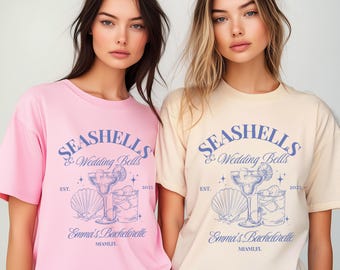 Seashells and Wedding Bells Bachelorette Shirt, Custom Bachelorette Tee, Custom Location Bach Shirt, Beach Bachelorette Tshirt, Bridal Gift