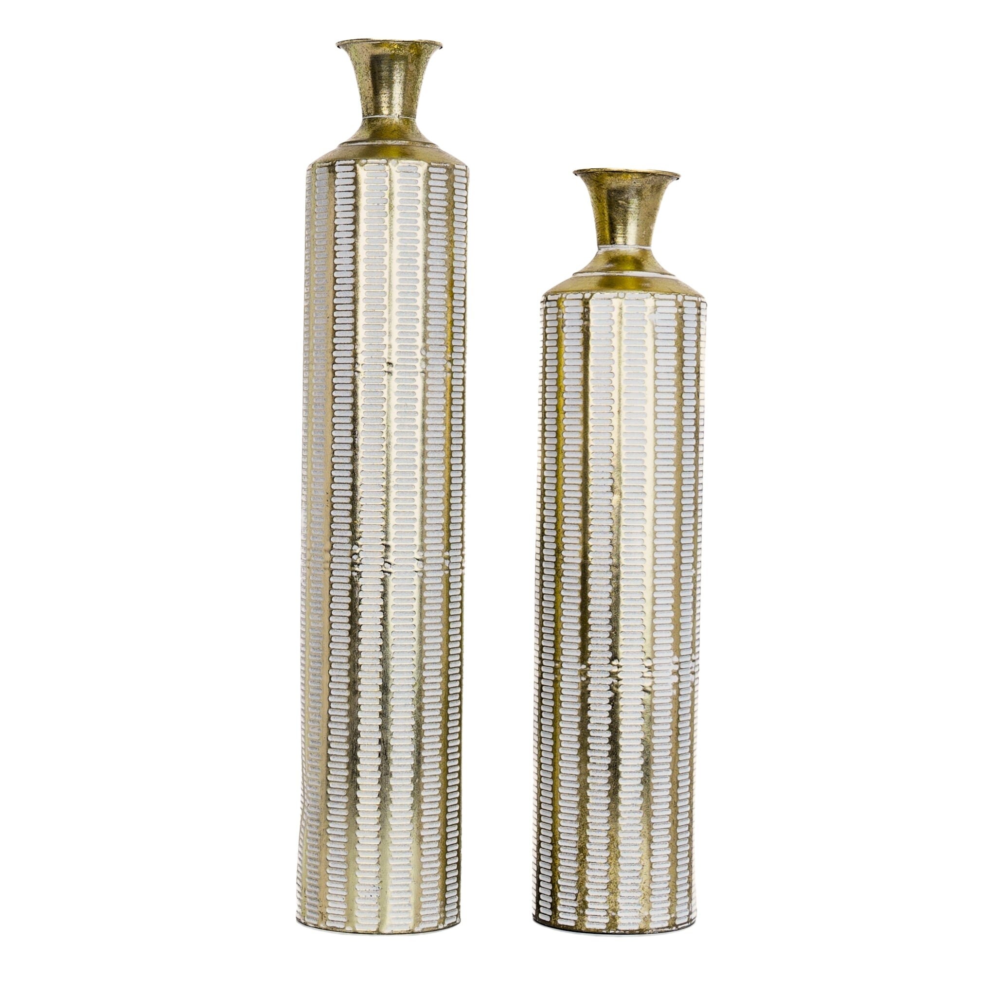 2 Piece Rustic Metal Floor Vases, Tall Vases, Golden White Distressed