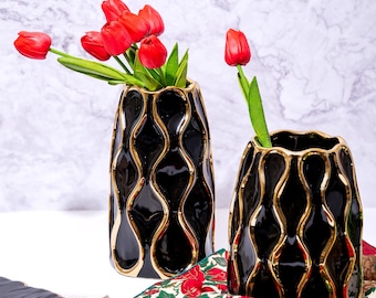 Black Ceramic Vase with Golden Trim, Countertop Decor, Flower Vase, Bud Vase