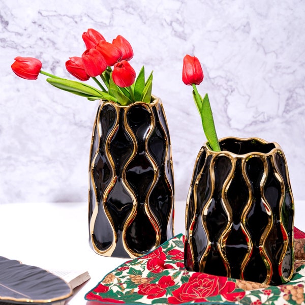 Black Ceramic Vase with Golden Trim, Countertop Decor, Flower Vase, Bud Vase