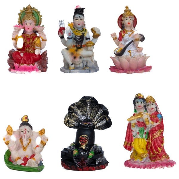 Set of 6 mini indian hindu god figurines, hindu god statues, pooja room, god idols, mandir diwali decor