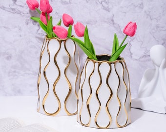 White Ceramic Vase with Golden Trim, Countertop Decor, Flower Vase, Bud Vase, Small
