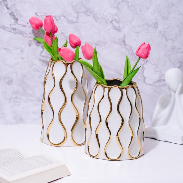 White Ceramic Vase with Golden Trim, Countertop Decor, Flower Vase, Bud Vase, Small