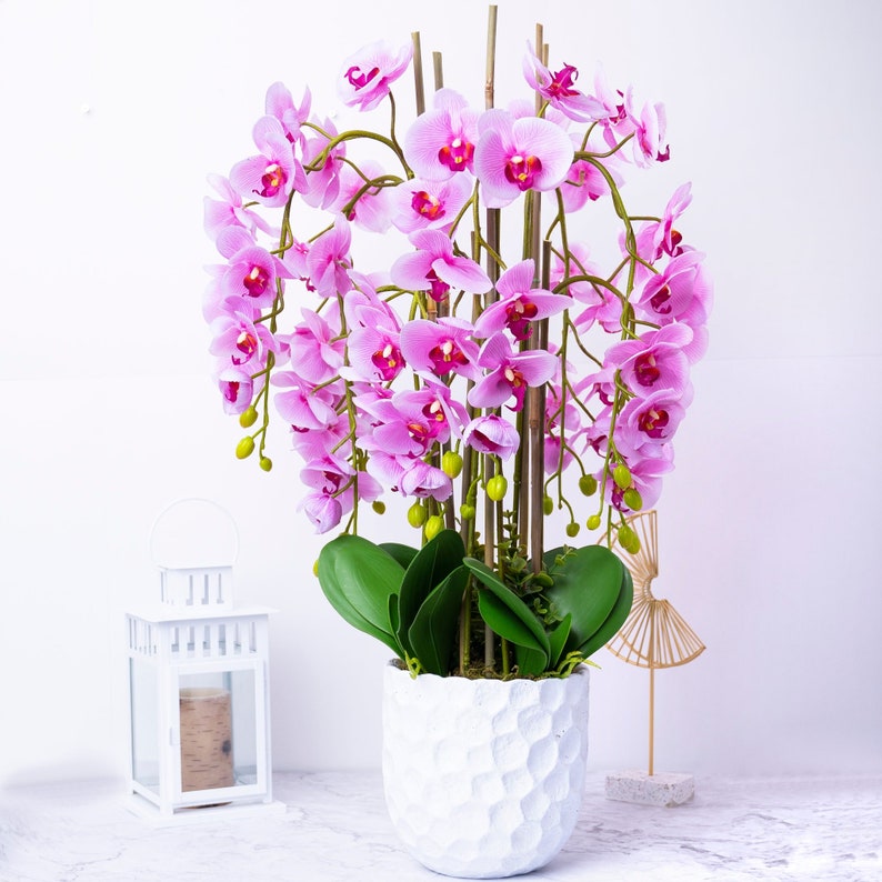 Large Artificial Orchid Plant in White Planter Living Room Etsy