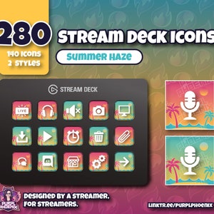 Puede incluir: Gráfico que muestra 280 iconos de Stream Deck en dos estilos, con el tema "Summer Haze". La imagen incluye una interfaz de Stream Deck con varios iconos y dos diseños de muestra con un micrófono y palmeras. El texto dice "Diseñado por un streamer, para streamers."
