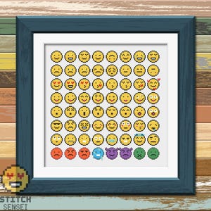 May include: A cross-stitch pattern featuring a variety of yellow emoji faces with different expressions, including happy, sad, surprised, and angry. The pattern is framed in a dark blue frame.