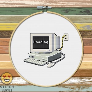 90&#39;s Computer Cross Stitch Pattern | Retro Pixel Chart | Vintage Tech Art | Printable Embroidery Design | Instant Download PDF Craft