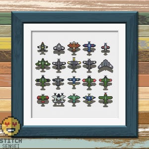 May include: A cross-stitch pattern featuring 20 different pixelated aeroplane designs in various colours, including blue, red, green, and black. The aeroplanes are arranged in a grid pattern on a white background.