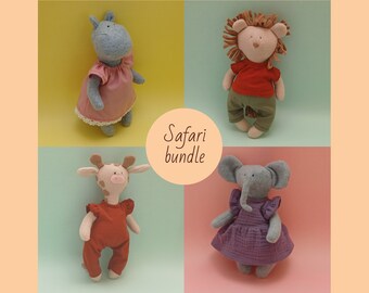 May include: A collection of four handmade safari animal plush toys. The toys include a gray hippo in a pink dress, a lion in a red shirt and green pants, a giraffe in an orange jumpsuit, and a gray elephant in a purple dress. The text "Safari bundle" is in a circle.