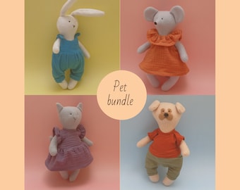 Animal dolls, cat, dog, mouse and bunny, sewing pattern and tutorial