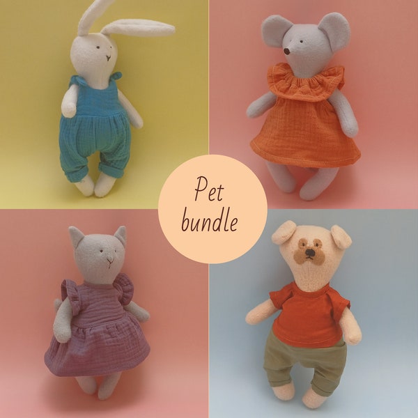 Animal dolls, cat, dog, mouse and bunny, sewing pattern and tutorial