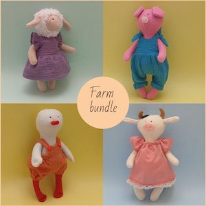 Animal dolls, farm bundle, cow, sheep, pig and goose, Sewing pattern and tutorial PDF