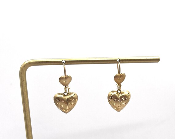 Estate 14K Yellow Gold Heart Dangle Earrings | Vi… - image 1