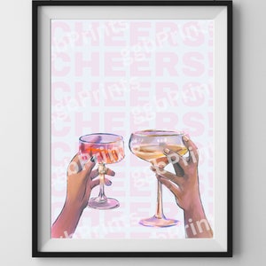 乾杯、バーカートのアートワーク、カクテルの絵、カクテルのアートワーク、バーカート、プリント、女の子のアパート、寮、バーカート、バーカートのプリント