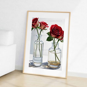 Glass Vase Red Roses, Roses Dark Red, Antique Flower Vases,  Flower painting