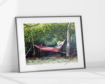 Hammock on the River, Rustic Retreat Soft Colored Natural Decor for Hanging out in a Hammock Red Riverside Nap