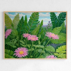 Pink Flowers Painting Natural Ambience Plants Wild pink flowers Decor Nature Wild Green Plants Colors Flowers