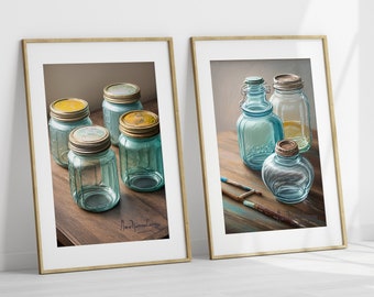 set of Mason Jars, Vintage Glass Jars, Deco Colored Glass, Antique shapes and colors, natural wood table, Mason Jars
