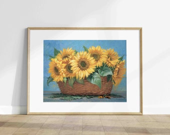 SunFlowers Old Basket Flowers, Wall Art Painting, Vintage SunFlowers Basket, Colorful Wall Art Antique Flower Decor, Rustic Basket