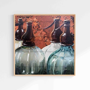 Vintage Glass Bottles for Soda Water, Antique Bottles, Collectible Decor, Rustic Home Decor, Vintage Soda Bottles, oil painting